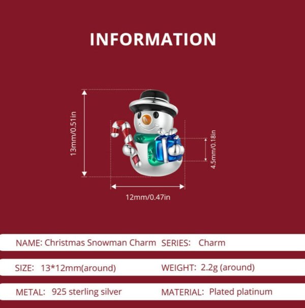 Christmas Snowman Charm 925 Sterling Silver - Image 3