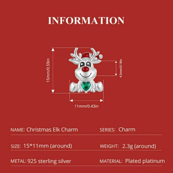 Christmas Reindeer Charm 925 Sterling Silver - Image 3