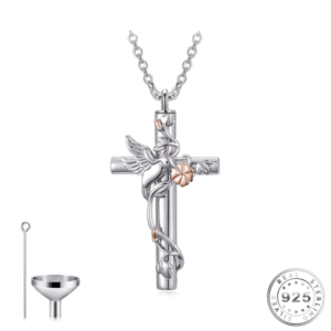 Cross and Hummingbird Cremation Ashes Urn Necklace 925 Sterling Silver Rose Gold