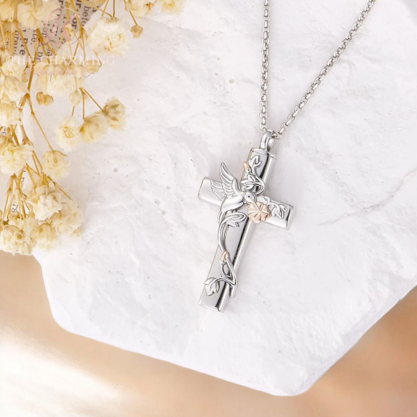 Cross and Hummingbird Cremation Ashes Urn Necklace 925 Sterling Silver Rose Gold - Image 4