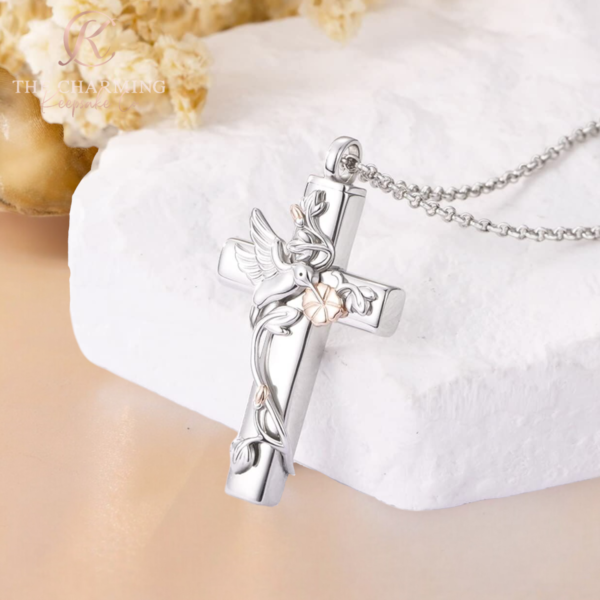 Cross and Hummingbird Cremation Ashes Urn Necklace 925 Sterling Silver Rose Gold - Image 3