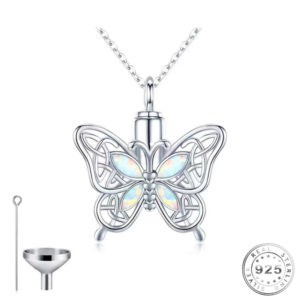 Butterfly Cremation Ashes Urn Necklace 925 Sterling Silver & Opal