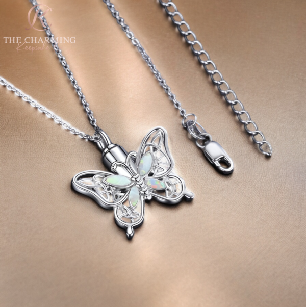 Butterfly Cremation Ashes Urn Necklace 925 Sterling Silver & Opal - Image 2