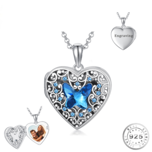 Engravable Blue Butterfly Photo Heart Pendant Necklace 925 Sterling Silver - Personalised