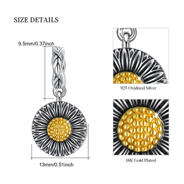 Sunflower Self-Fill Ashes Charm 925 Sterling Silver & Gold - Image 2