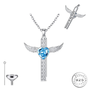 Cross and Angel Wings Cremation Ashes Urn Necklace 925 Sterling Silver
