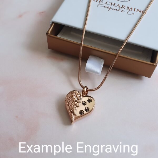 Engraved Cremation Ashes Angel Wing Heart Urn Necklace Rose Gold - Image 2