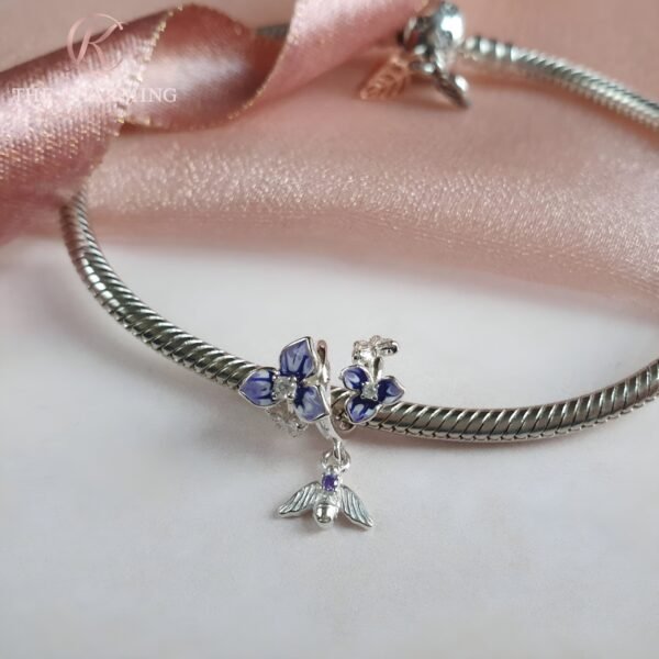 Flowers & Bee Charm 925 Sterling Silver & Purple - Image 2