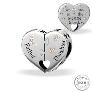 Father & Daughter Heart Charm 925 Sterling Silver - Love You To The Moon