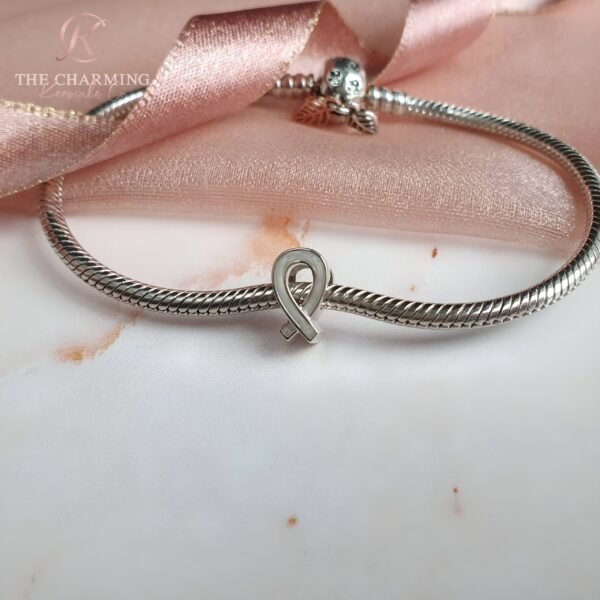 Grey / Silver Cancer Ribbon Charm 925 Sterling Silver - Image 2