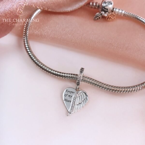 Angel Wing Heart Charm 925 Sterling Silver  - Keeper of my Heart - Image 2
