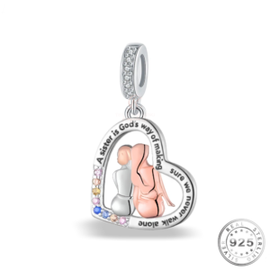 Sister Heart Dangle Charm Genuine 925 Sterling Silver and Rose Gold