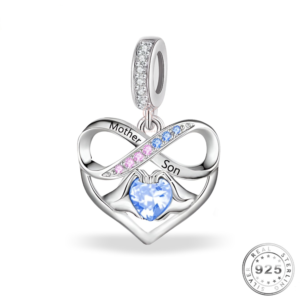 Mother & Son Heart Dangle Charm 925 Sterling Silver