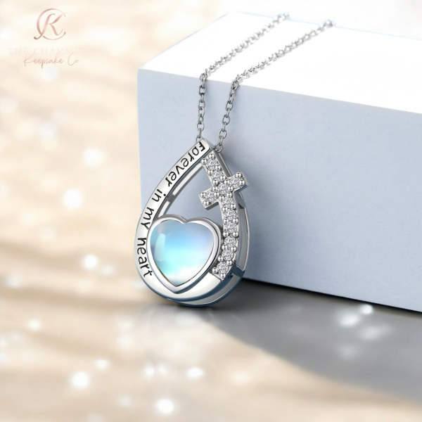 Cross and Heart Cremation Ashes Urn Necklace 925 Sterling Silver & Moonstone - Image 2