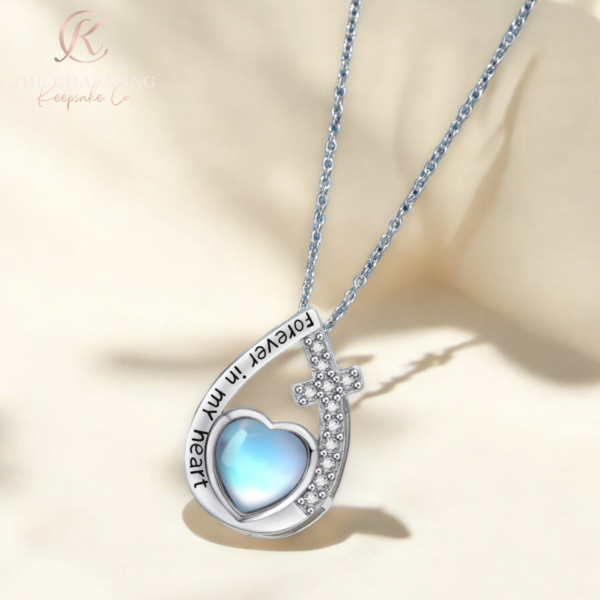 Cross and Heart Cremation Ashes Urn Necklace 925 Sterling Silver & Moonstone - Image 3