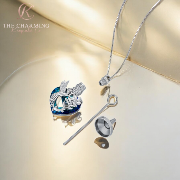 Hummingbird Ashes Urn Necklace 925 Sterling Silver & Blue Crystal - Image 3