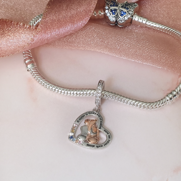 Sister Heart Dangle Charm Genuine 925 Sterling Silver and Rose Gold - Image 2