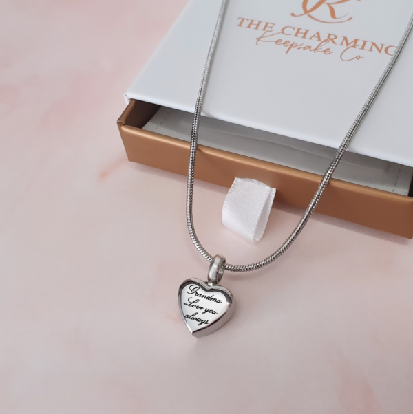 Engraved Self-Fill Ashes Small Heart Urn Necklace Silver or Rose Gold - Image 2