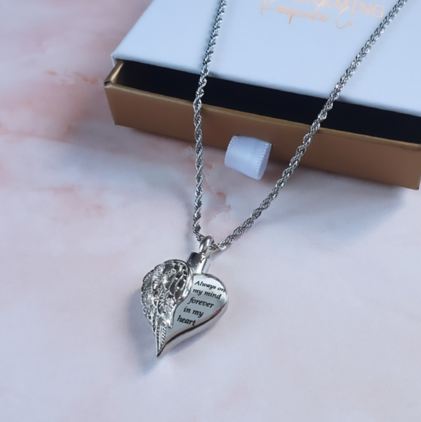 Engraved Self Fill Ashes Angel Wing Heart Urn Necklace Silver - Image 2