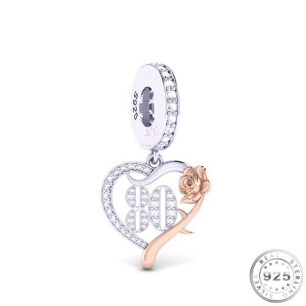 80th Birthday Years Charm 925 Sterling Silver & Rose Gold