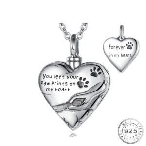 Dog / Cat Pet Cremation Ashes Paw Prints Heart Necklace 925 Sterling Silver