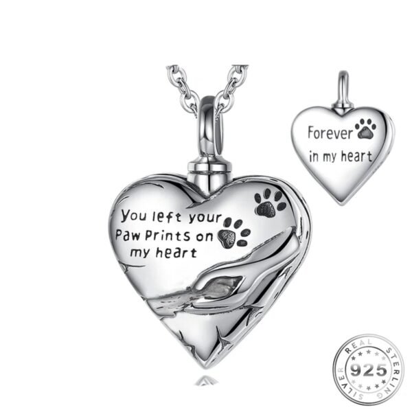 Dog / Cat Pet Cremation Ashes Paw Prints Heart Necklace 925 Sterling Silver