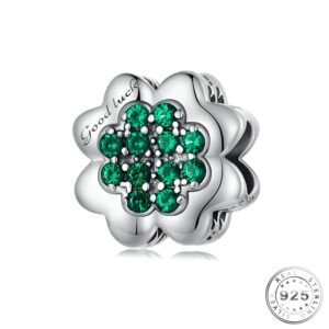Green Four Leaf Clover Charm 925 Sterling Silver - Good Luck