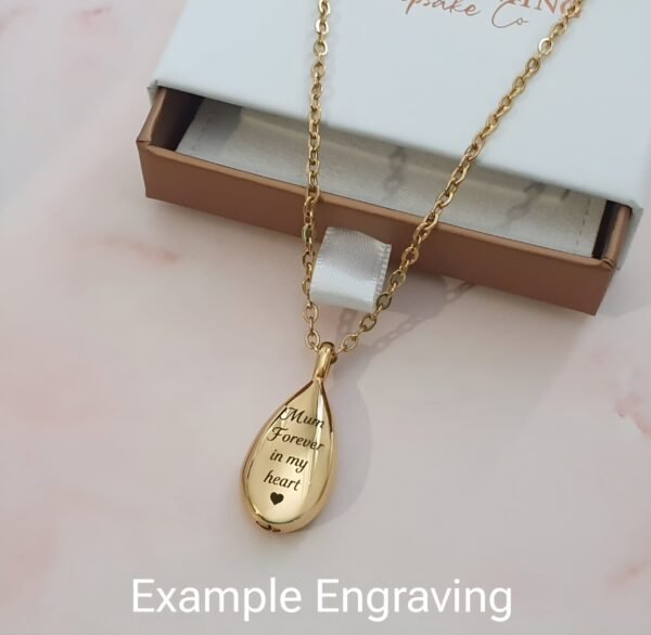 Engraved Teardrop Cremation Ashes Urn Necklace Gold Plated - Image 2