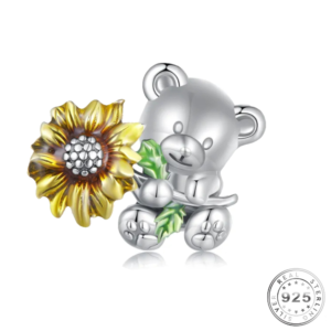Teddy Bear & Sunflower Charm 925 Sterling Silver