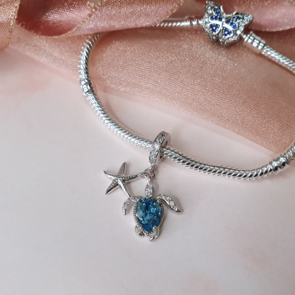 Turtle Charm 925 Sterling Silver & Aqua Blue Crystal - Image 3