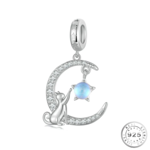 Cat in the Moon Charm 925 Sterling Silver