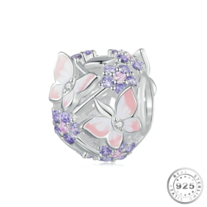 Flowers & Butterfly Charm 925 Sterling Silver