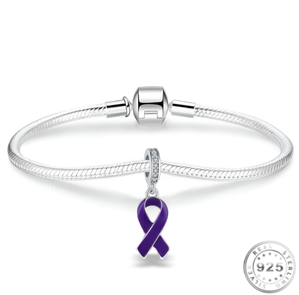 Purple Awareness Ribbon Charm 925 Sterling Silver - Image 2