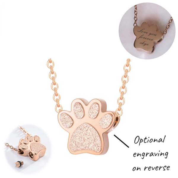 Engraved Pet Dog / Cat Cremation Ashes Paw Urn Necklace Rose Gold