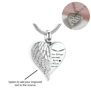 Engraved Cremation Ashes Angel Wing Heart Urn Necklace Silver