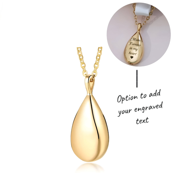 Engraved Teardrop Cremation Ashes Urn Necklace Gold Plated