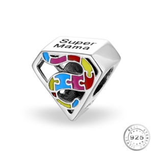 Autism Awareness Super Mama Charm 925 Sterling Silver - Puzzle