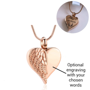 Engraved Cremation Ashes Angel Wing Heart Urn Necklace Rose Gold