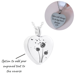 Engraved Dandelion and Butterflies Cremation Ashes Urn Necklace Silver