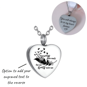 Engraved Angel Feather Cremation Ashes Urn Necklace Silver