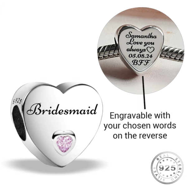 Engraved Bridesmaid Charm 925 Sterling Silver- Personalised With Your Text