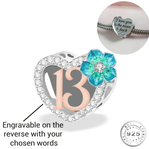 Engraved 13th Birthday Charm 925 Sterling Silver- Personalised With Your Text