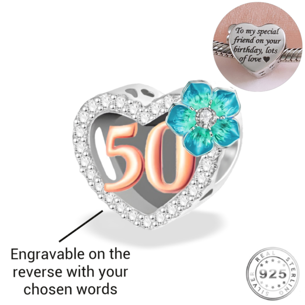 Engraved 50th Birthday Charm 925 Sterling Silver- Personalised With Your Text