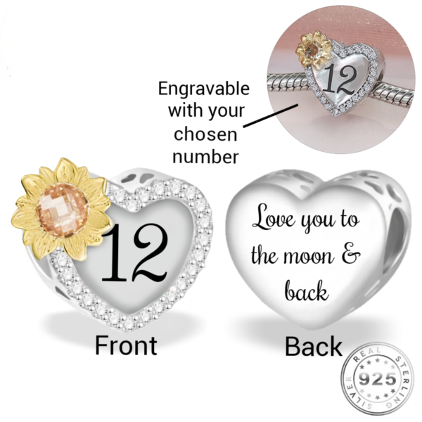 Engraved Sunflower Birthday / Anniversary Charm 925 Sterling Silver - Personalised