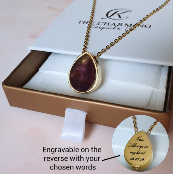 Engraved Amethyst Teardrop Cremation Ashes Urn Necklace Gold Plated