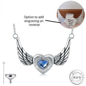 Engravable Blue Angel Wings Ashes Urn Necklace 925 Sterling Silver - Personalised