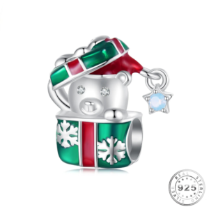 Christmas Bear & Present Charm 925 Sterling Silver