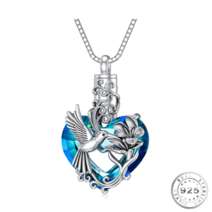 Hummingbird Ashes Urn Necklace 925 Sterling Silver & Blue Crystal