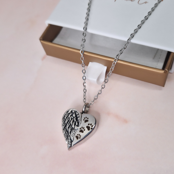 Engraved Pet Dog / Cat Ashes Angel Wing Paw Urn Necklace Silver - Image 2