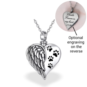 Engraved Pet Dog / Cat Ashes Angel Wing Paw Urn Necklace Silver